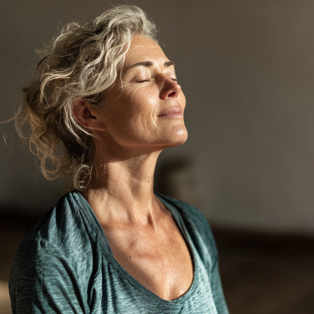 Mature adult practicing mindful breathing exercises in serene yoga environment